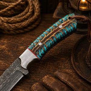 Western Belt Carry Knife – 4” Damascus Blade Pinecone Handle