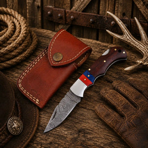 6.5" Damascus Steel Folding Pocket Knife – Wood Handle & Leather Sheath