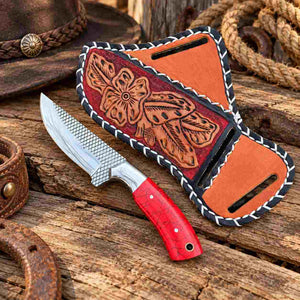 Handmade Horse Rasp Cowboy Skinner with Red Stone Handle & Cross-Draw Sheath