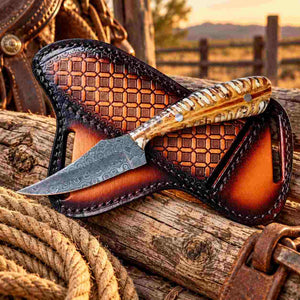 Handmade Damascus Ranch Cowboy Knife with White Pinecone Handle & Western Leather Sheath