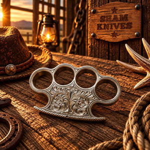 Custom Western Hand-Engraved Brass Knuckle with Leather Sheath