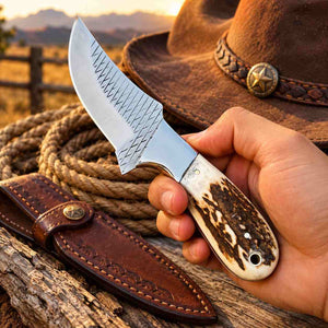 Handmade Damascus Bull Cutter Knife with Camel Bone Handle & Western Leather Sheath