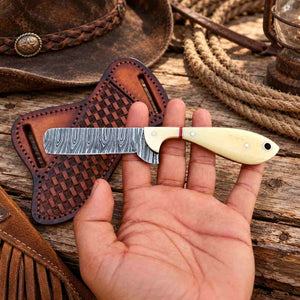 Handmade Damascus Bull Cutter Knife with Camel Bone Handle & Western Leather Sheath