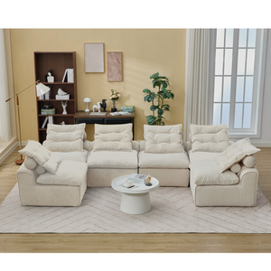 Modular Sofa 6-Piece Set with Neck & Waist Pillows - Beige Corduroy