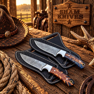 Whiskey Ridge Cowboy Skinner Duo – Damascus & Pine Cone Handles