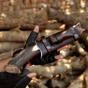 Wildfire Damascus Bowie Knife with Stag Horn Handle - TRAPSKI