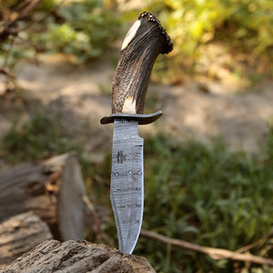 Wildfire Damascus Bowie Knife with Stag Horn Handle - TRAPSKI