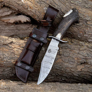 Wildfire Damascus Bowie Knife with Stag Horn Handle - TRAPSKI