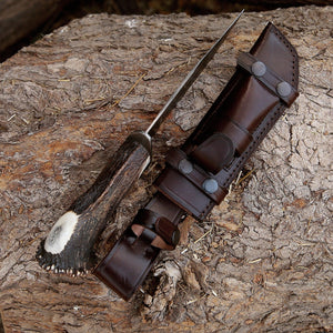 Wildfire Damascus Bowie Knife with Stag Horn Handle - TRAPSKI