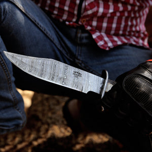 Wildfire Damascus Bowie Knife with Stag Horn Handle - TRAPSKI