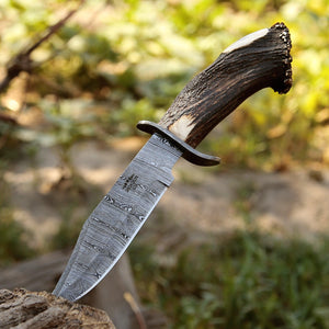 Wildfire Damascus Bowie Knife with Stag Horn Handle - TRAPSKI