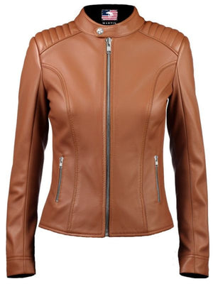 Women's Cognac Leather Cafe Racer Jacket with Quilted Shoulders
