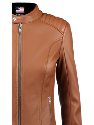 Women's Cognac Leather Cafe Racer Jacket with Quilted Shoulders