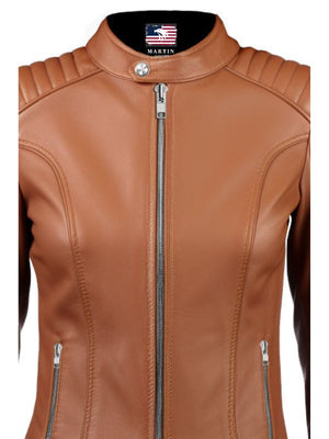 Women's Cognac Leather Cafe Racer Jacket with Quilted Shoulders