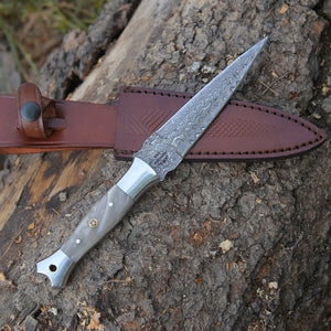 Prowler Damascus Fixed Blade Knife with Mother of Pearl Resin Handle