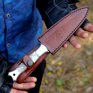 Prowler Damascus Fixed Blade Knife with Mother of Pearl Resin Handle