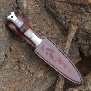 Prowler Damascus Fixed Blade Knife with Mother of Pearl Resin Handle