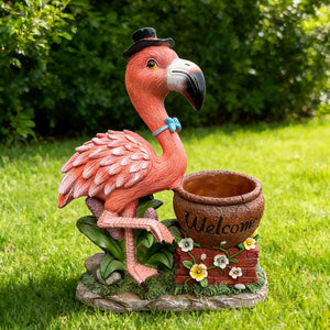 Flamingo Garden Sculpture Flower Pot Planter with Weather-Resistant Resin - Pink