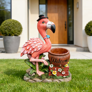 Flamingo Garden Sculpture Flower Pot Planter with Weather-Resistant Resin - Pink