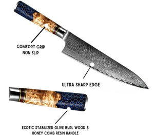 Yamato Damascus Chef Knife – Olive Burl & Honeycomb Handle