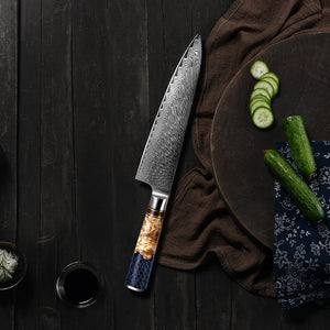 Yamato Damascus Chef Knife – Olive Burl & Honeycomb Handle