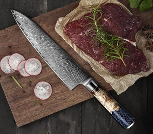 Yamato Damascus Chef Knife – Olive Burl & Honeycomb Handle