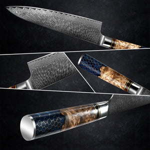 Yamato Damascus Chef Knife – Olive Burl & Honeycomb Handle