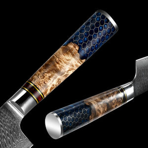 Yamato Damascus Chef Knife – Olive Burl & Honeycomb Handle
