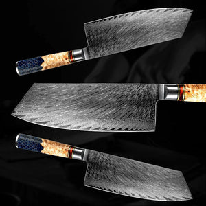 Yamato VG10 Damascus Cleaver – Olive Wood & Honeycomb Handle
