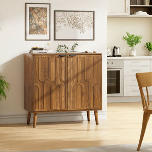Farmhouse Style Sideboard Buffet Cabinet with Slatted Doors - Walnut