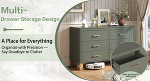 6-Drawer Double Dresser with Solid Wood Legs - Olive