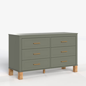 6-Drawer Double Dresser with Solid Wood Legs - Olive