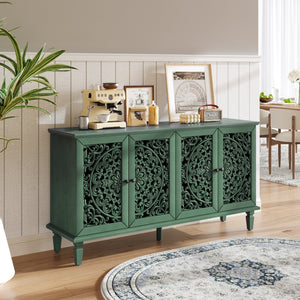 60-Inch Antique Buffet Cabinet with Floral Carvings - Antique Green