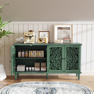 60-Inch Antique Buffet Cabinet with Floral Carvings - Antique Green