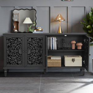 60" Antique Buffet Cabinet with Floral Carvings - Black