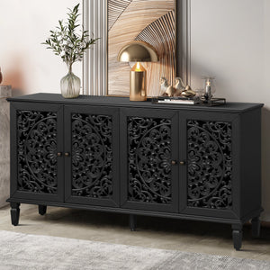 60" Antique Buffet Cabinet with Floral Carvings - Black