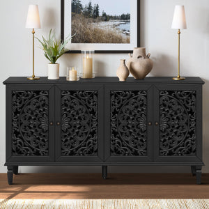 60" Antique Buffet Cabinet with Floral Carvings - Black