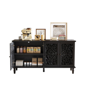 60" Antique Buffet Cabinet with Floral Carvings - Black