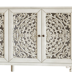 Antique Buffet Cabinet with Floral Carvings and Solid Wood Legs - Antique Grey White