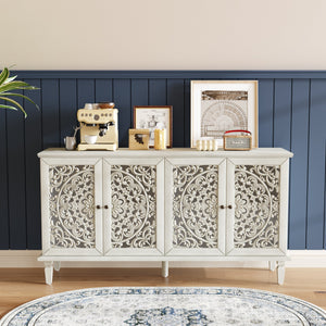 Antique Buffet Cabinet with Floral Carvings and Solid Wood Legs - Antique Grey White