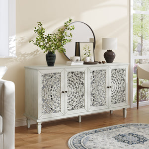 Antique Buffet Cabinet with Floral Carvings and Solid Wood Legs - Antique Grey White